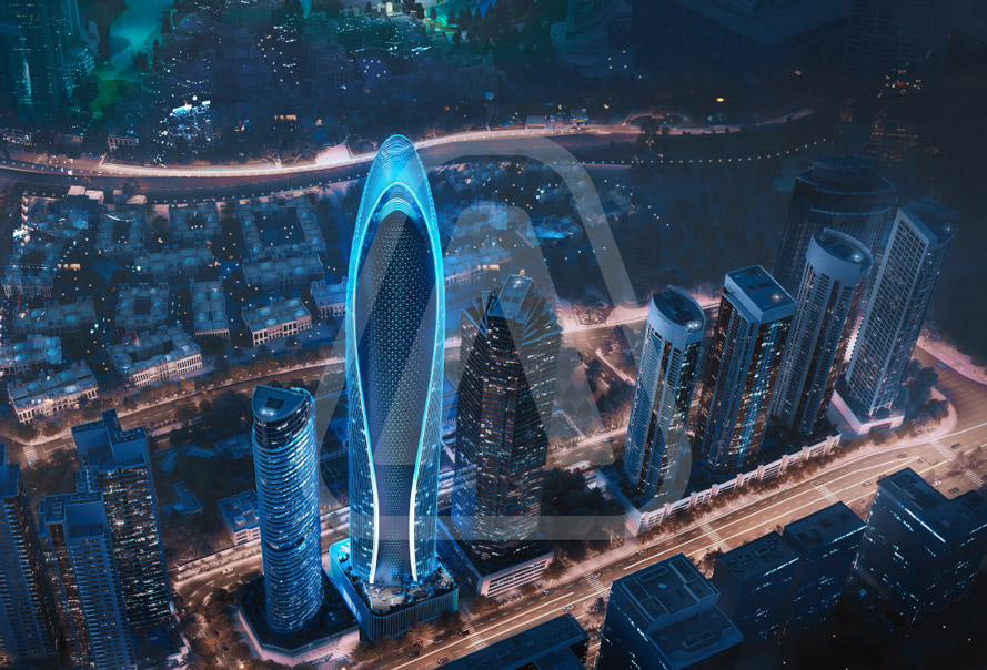 Exterior view of Mercedes-Benz Places | Binghatti luxury residences in Downtown Dubai with a backdrop of the iconic Burj Khalifa.